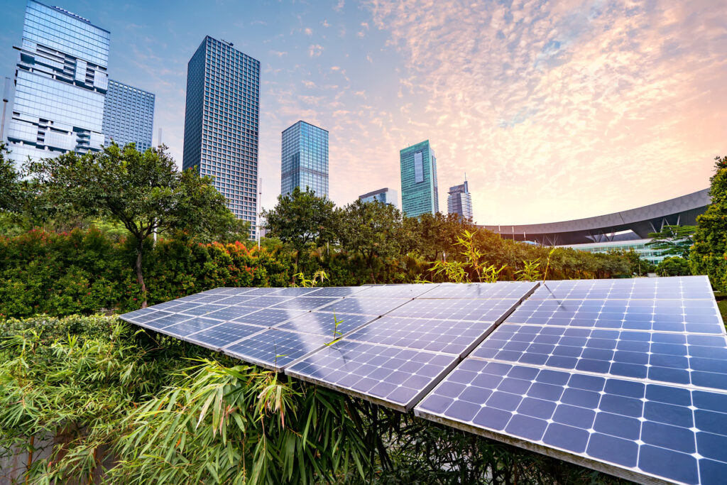 Solar panels with trees and other greenery surrounded by a city skyline