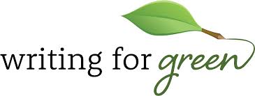 The phrase "writing for green" with "green" in green script font and a green leaf extending from the word.