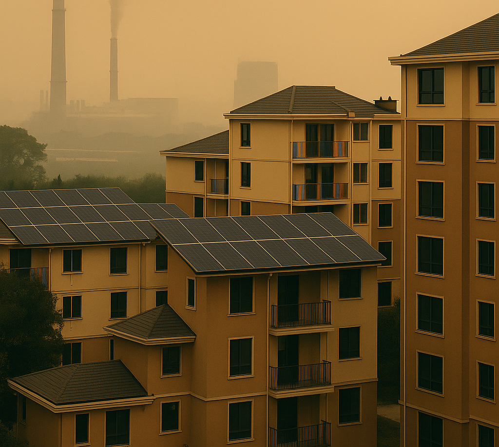 Apartment buildings with solar panels in the foreground and industrial smokestacks emitting pollution in the background. Text reads: "Climate-Just Transition: Fairly Shared Costs and Benefits.