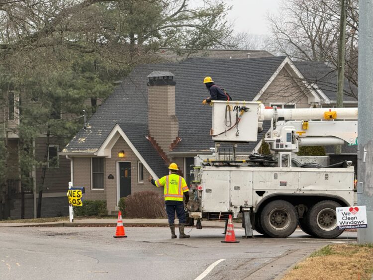 Two workers in safety gear use a bucket truck to trim tree branches near a residential street. Orange cones are placed around the work area for safety.