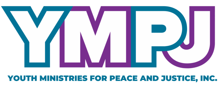 Logo featuring large letters "YMPJ" in teal and purple, with the text "Youth Ministries for Peace and Justice, Inc." below in teal capital letters.