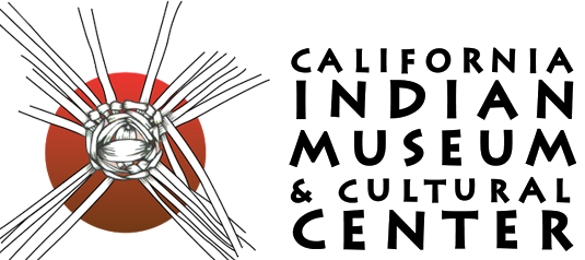 Logo for the California Indian Museum & Cultural Center featuring a woven knot design over a red circle, with the institution’s name in bold, black text to the right.