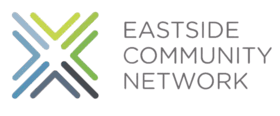Logo for Eastside Community Network featuring interlocking diagonal lines in blue, green, and gray next to the organization name in uppercase gray text.