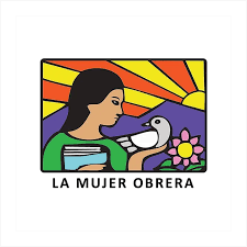 Illustration of a woman holding books and a dove, with a flower beside her and a sunrise in the background. Text below reads "LA MUJER OBRERA".