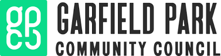 Garfield Park Community Council logo with white "gp" letters on a green square next to the organization name in bold black text.