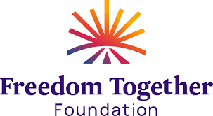 Logo for "Freedom Together Foundation" featuring a stylized orange and purple sunrise or burst above the foundation name in purple text.