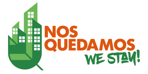 Logo with green leaf and white building shapes on the left, and the text "Nos Quedamos We Stay!" in orange and green on the right.