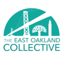 Teal and white logo for The East Oakland Collective featuring a bridge, tree, and tower within a semicircle above the organization's name.