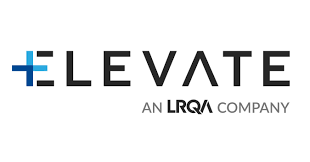The image shows the Elevate logo with a blue plus sign, accompanied by the tagline "An LRQA Company" in gray text.