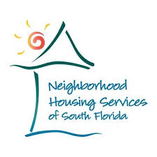 Logo for Neighborhood Housing Services of South Florida, featuring a stylized house outline with a sun in the top left corner and blue text.